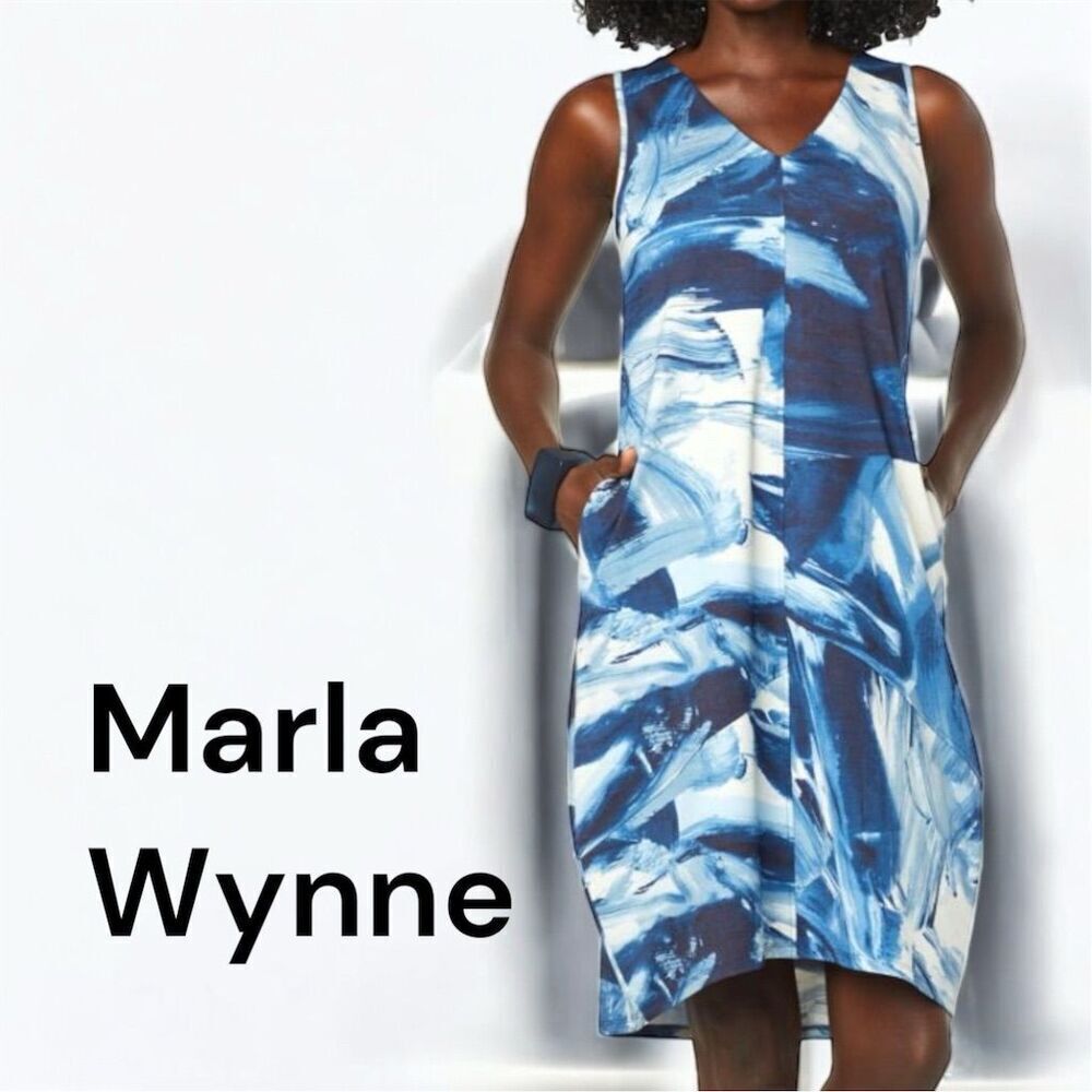 Marla Wynne Women's PM Blue Print Lantern Dress Sleeveless Casual